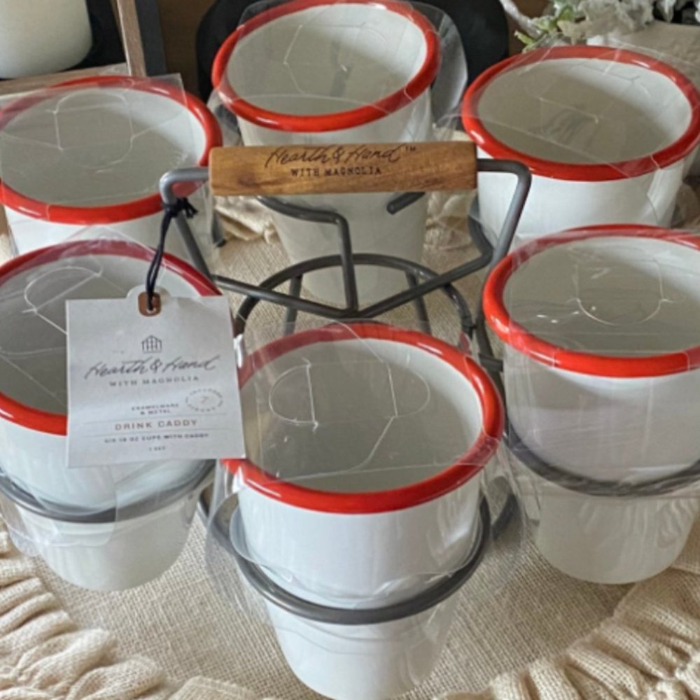 Hearth & Hand Magnolia 7pc 18oz Drink Caddy Set Red & White - Picture 2 of 5